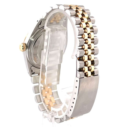 Rückansicht der Rolex Datejust 36 mit zweifarbigem Edelstahl-Gelbgold-Jubilearmband und Faltschließe.