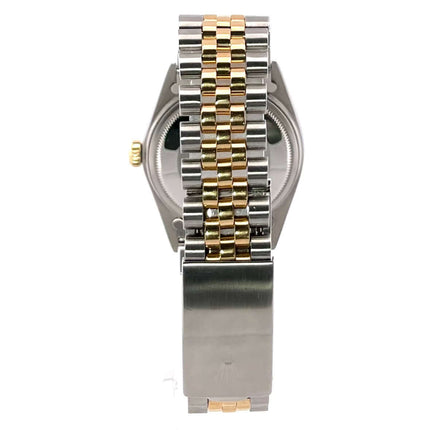 Rückansicht der Rolex Datejust 36 Edelstahl-Gelbgold 16013 mit Jubilearmband in Edelstahl und Gelbgold.