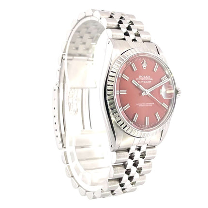 Edelstahl Rolex Datejust 36 Ref. 1603 mit orangefarbenem Zifferblatt und Jubiläumsarmband