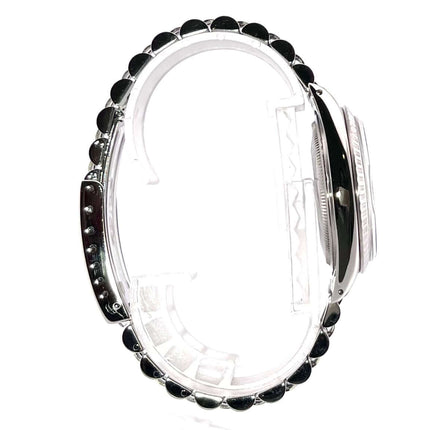 Seitenansicht Rolex Datejust 36 Ref. 1603 mit orangefarbenem Zifferblatt und Jubile-Edelstahlband