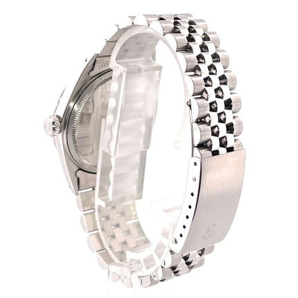 Rückseite und Edelstahl-Jubileband der Rolex Datejust 36 Ref. 1603 Uhr mit geriffelter Lünette und Faltschließe