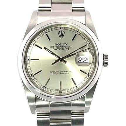 Rolex Datejust 36 Edelstahl 16200 Silber mit poliertem und satiniertem Oyster-Band, 36mm Gehäusedurchmesser, Saphirglas, Chronometer und Datumsanzeige.