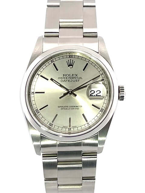 Rolex Datejust 36 Edelstahl 16200 Silber mit poliertem und satiniertem Oyster-Band, 36mm Gehäusedurchmesser, Saphirglas, Chronometer und Datumsanzeige.