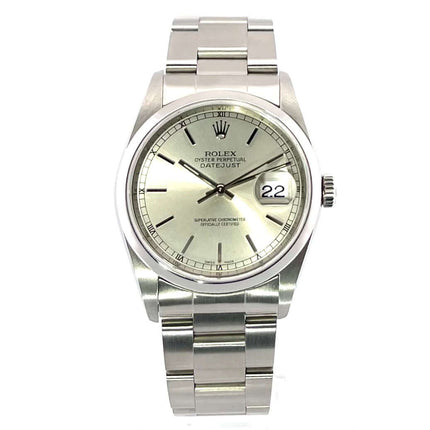 Rolex Datejust 36 Edelstahl Ref. 16200 Silber mit Oyster-Band, silberfarbenes Zifferblatt, poliertes und satiniertes Edelstahlgehäuse.