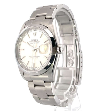 Rolex Datejust 36 Edelstahl Ref. 16200 Silber mit Oyster-Band, poliertes und satiniertes Gehäuse, silberfarbenes Zifferblatt, Automatik, Saphirglas