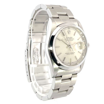 Rolex Datejust 36 Edelstahl Ref. 16200 Silber mit polierter Lünette und Oyster-Band, silberfarbenes Zifferblatt, Automatik, Chronometer.