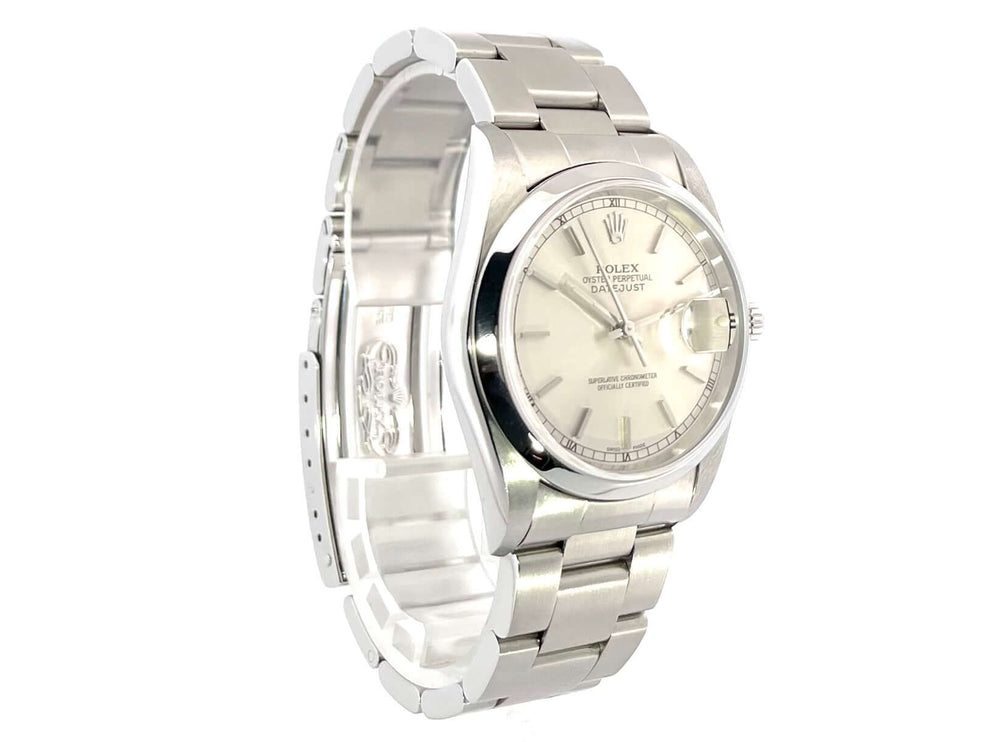 Rolex Datejust 36 Edelstahl Ref. 16200 Silber mit polierter Lünette und Oyster-Band, silberfarbenes Zifferblatt, Automatik, Chronometer.
