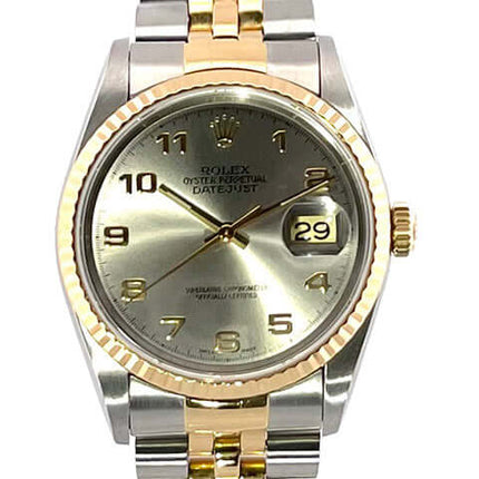 Rolex Datejust 36 Edelstahl Gelbgold 16233, Stahlfarben Zifferblatt, Arabische Zahlen, Jubile-Band, Automatikwerk