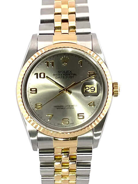 Rolex Datejust 36 Edelstahl Gelbgold 16233, Stahlfarben Zifferblatt, Arabische Zahlen, Jubile-Band, Automatikwerk