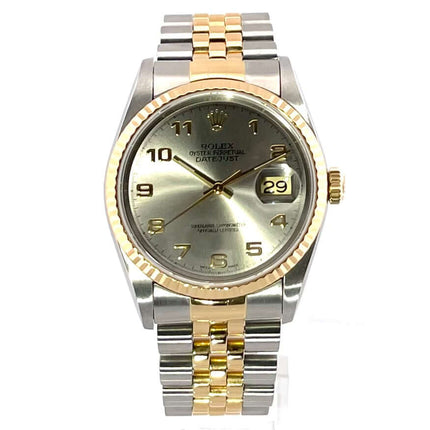 Rolex Datejust 36 Edelstahl Gelbgold 16233, Stahlfarbenes Zifferblatt, goldene arabische Ziffern, Jubilee-Band, Automatikwerk.