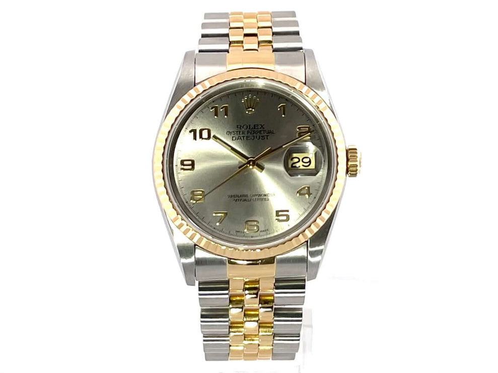 Rolex Datejust 36 Edelstahl Gelbgold 16233, Stahlfarbenes Zifferblatt, goldene arabische Ziffern, Jubilee-Band, Automatikwerk.