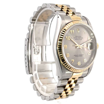 Rolex Datejust 36 Edelstahl Gelbgold 16233 mit Jubile-Armband und arabischen Ziffern, poliertes und satiniertes Gehäuse, geriffelte Lünette.