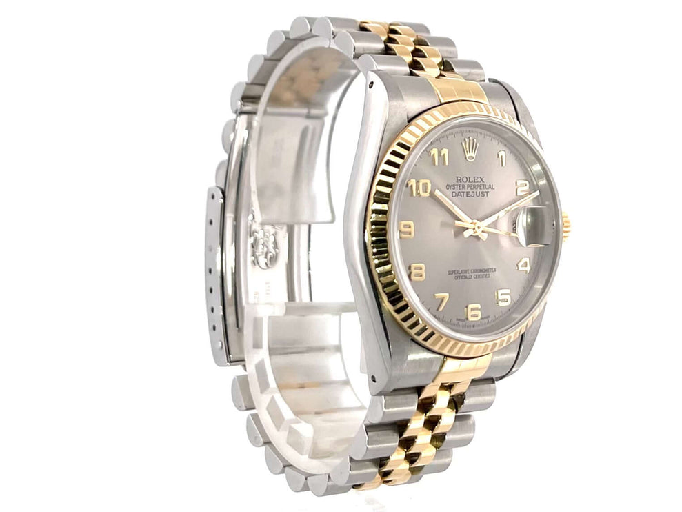 Rolex Datejust 36 Edelstahl Gelbgold 16233 mit Jubile-Armband und arabischen Ziffern, poliertes und satiniertes Gehäuse, geriffelte Lünette.