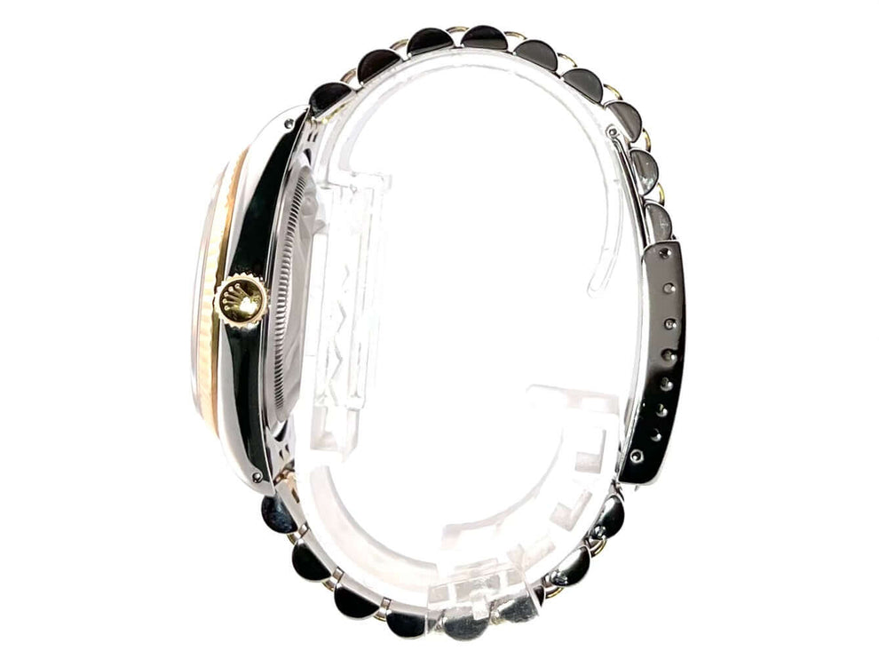 Rolex Datejust 36 Edelstahl Gelbgold 16233 Seitenansicht mit Jubile-Armband und geriffelter Lünette