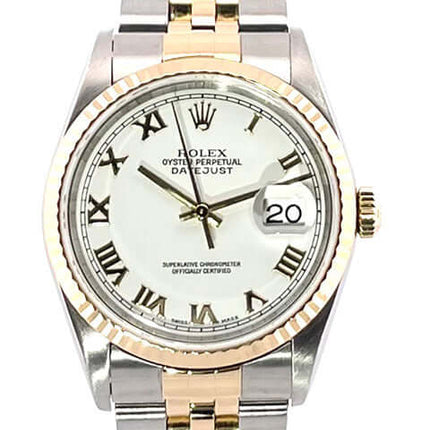 Rolex Datejust 36 Edelstahl Gelbgold 16233, weißes Zifferblatt, römische Ziffern, Jubile-Band, 18 kt Gelbgold Lünette.