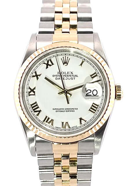 Rolex Datejust 36 Edelstahl Gelbgold 16233, weißes Zifferblatt, römische Ziffern, Jubile-Band, 18 kt Gelbgold Lünette.