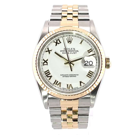 Rolex Datejust 36 Edelstahl Gelbgold 16233 Weiß Römisch Jubile-Band Armbanduhr mit weißem Zifferblatt und goldenen römischen Ziffern.