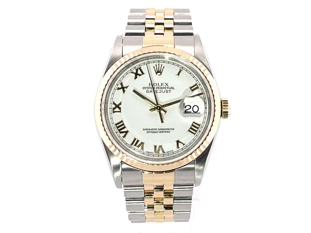Rolex Datejust 36 Edelstahl Gelbgold 16233 Weiß Römisch Jubile-Band Armbanduhr mit weißem Zifferblatt und goldenen römischen Ziffern.