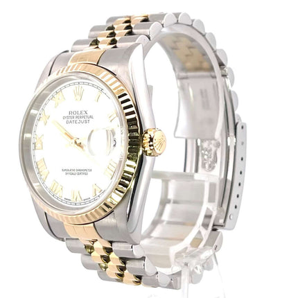 Rolex Datejust 36 Edelstahl Gelbgold 16233 mit weißem Zifferblatt und römischen Ziffern, Jubile-Band aus Edelstahl und 18 kt Gelbgold