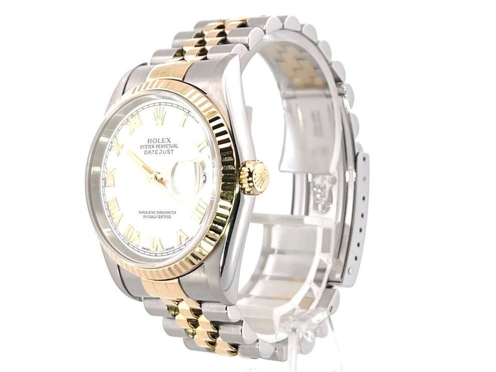 Rolex Datejust 36 Edelstahl Gelbgold 16233 mit weißem Zifferblatt und römischen Ziffern, Jubile-Band aus Edelstahl und 18 kt Gelbgold