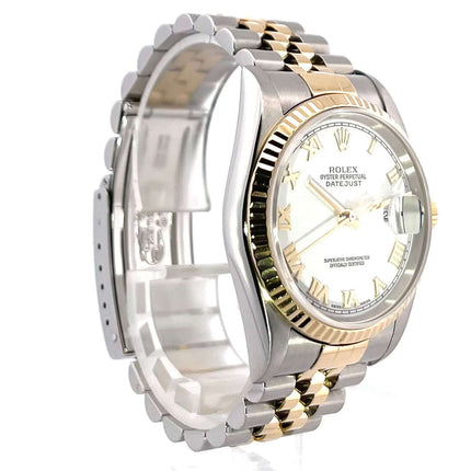 Rolex Datejust 36 Edelstahl Gelbgold 16233 Weiß Römisch Zifferblatt, Jubiläumsarmband, poliertes und satiniertes Gehäuse aus Edelstahl und Gelbgold.