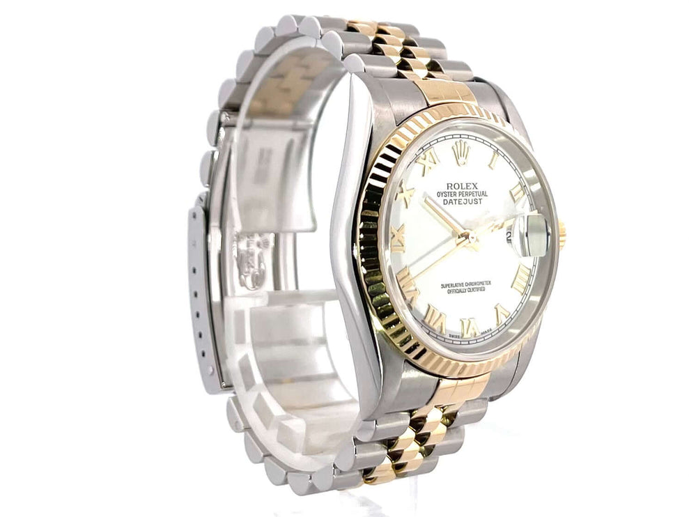 Rolex Datejust 36 Edelstahl Gelbgold 16233 Weiß Römisch Zifferblatt, Jubiläumsarmband, poliertes und satiniertes Gehäuse aus Edelstahl und Gelbgold.