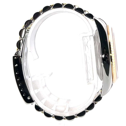 Rolex Datejust 36 Edelstahl Gelbgold 16233 mit Jubile-Band in Seitenansicht, poliert und satiniert, zeigt Detail der Faltschließe.