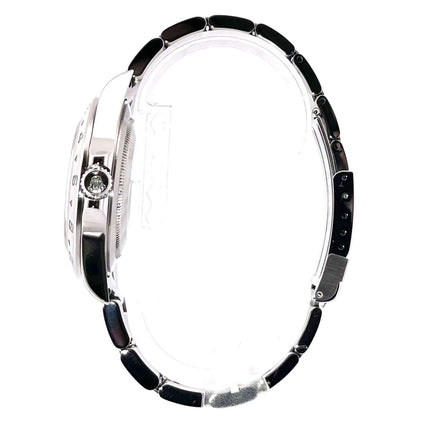 Seitenansicht der Rolex Explorer II Edelstahl Ref. 16570 Weiß, zeigt poliertes Edelstahlgehäuse und satiniertes Armband.