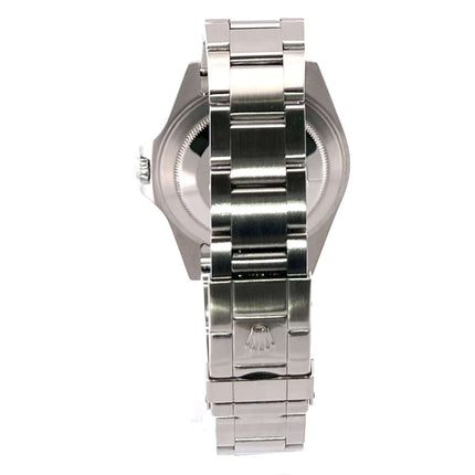 Rückansicht der Rolex Explorer II Edelstahl Ref. 16570 LC100 von 2006, zeigt das polierte und satinierte Edelstahlgehäuse und -armband