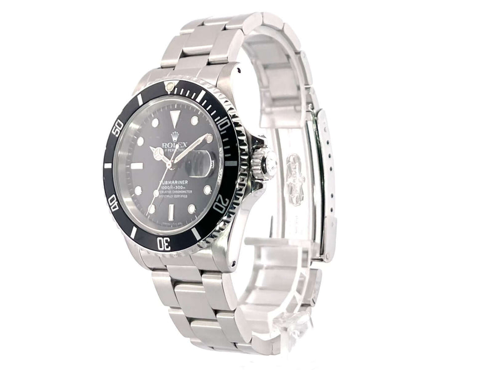 Rolex Submariner Date 16610 Edelstahl Armbanduhr mit schwarzer Lünette und Zifferblatt, Oyster Armband, poliert und satiniert