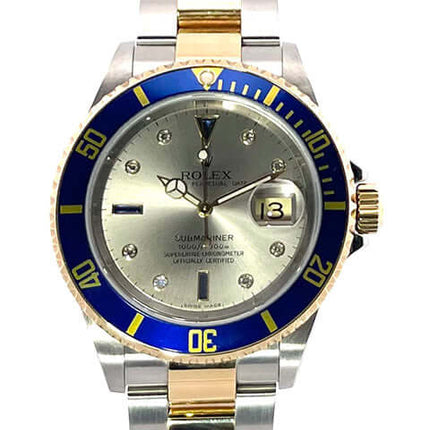 Rolex Submariner Date 16613 Edelstahl Gold Diamant, Gehäuse 40mm, Armband Edelstahl/Gelbgold, Blaue Lünette, Silber Zifferblatt aus 2005.