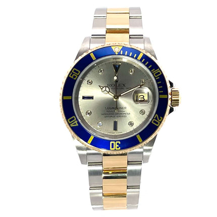Rolex Submariner Date 16613 Edelstahl-Gold, blaues Zifferblatt, diamantbesetzt, 40mm Gehäuse, Oyster Armband aus Edelstahl und 18 Karat Gelbgold