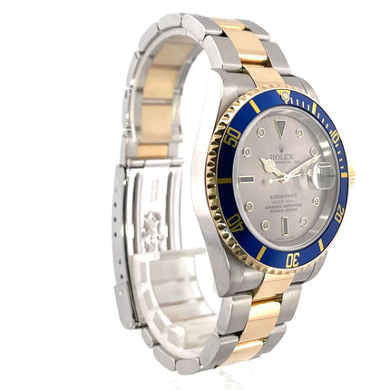 Rolex Submariner Date 16613 Edelstahl Gelbgold Silber Diamant Uhr mit blauem Zifferblatt und drehbarer Lünette aus 18 Karat Gelbgold