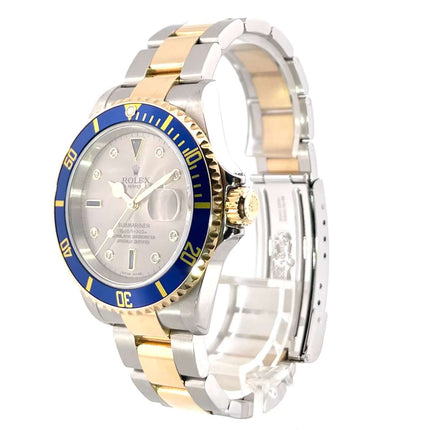 Rolex Submariner Date 16613 Edelstahl-Gold, silbernes Zifferblatt mit Diamanten, blau-goldene Lünette, Oyster-Armband, 40 mm Gehäuse.