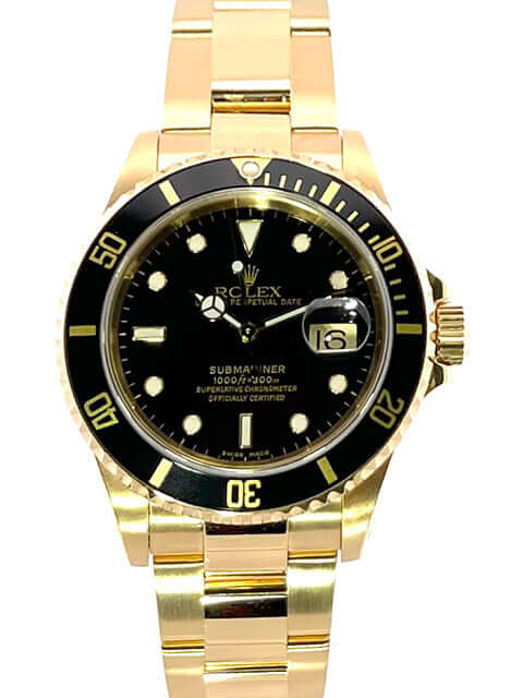 Rolex Submariner Date 16618 in 18 Karat Gelbgold mit schwarzer Lünette und Zifferblatt, Gehäusedurchmesser 40 mm, Oyster Armband