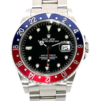 Rolex GMT Master II 16710 Pepsi U-Serie, Edelstahlgehäuse, blau-rote Lünette, schwarzes Zifferblatt, Oyster Edelstahlarmband, Baujahr 1999.