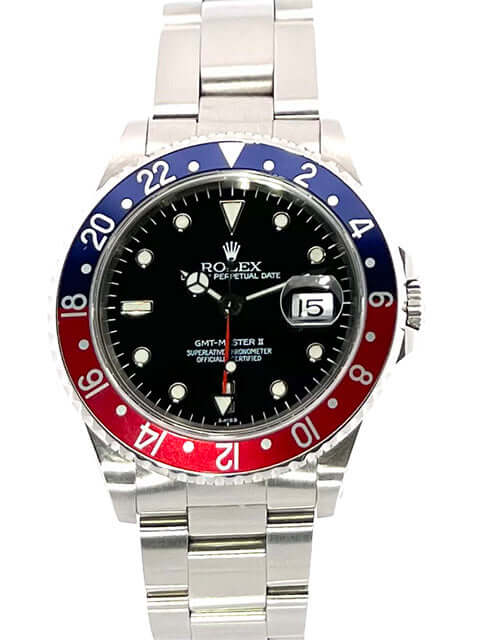 Rolex GMT Master II 16710 Pepsi U-Serie, Edelstahlgehäuse, blau-rote Lünette, schwarzes Zifferblatt, Oyster Edelstahlarmband, Baujahr 1999.