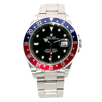 Rolex GMT Master II 16710 Pepsi U-Serie, Edelstahlgehäuse, blau-rote Lünette, schwarzes Zifferblatt, aus 1999, Automatikuhrwerk.