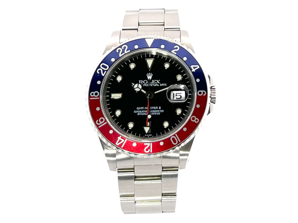 Rolex GMT Master II 16710 Pepsi U-Serie, Edelstahlgehäuse, blau-rote Lünette, schwarzes Zifferblatt, aus 1999, Automatikuhrwerk.