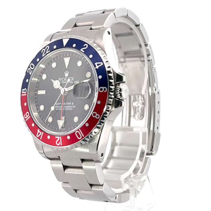 Rolex GMT Master II 16710 Pepsi U-Serie, Edelstahlgehäuse, 40mm Durchmesser, blau-rote Lünette, Oyster-Armband, schwarzes Zifferblatt