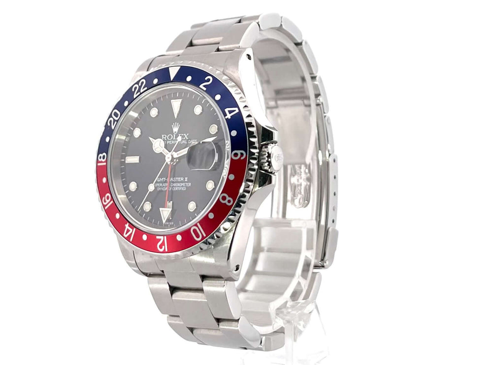 Rolex GMT Master II 16710 Pepsi U-Serie, Edelstahlgehäuse, 40mm Durchmesser, blau-rote Lünette, Oyster-Armband, schwarzes Zifferblatt