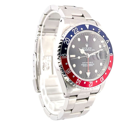 Rolex GMT Master II 16710 Pepsi U-Serie aus 1999 mit blau-roter Lünette, Edelstahlgehäuse, schwarzem Zifferblatt und Oyster-Armband