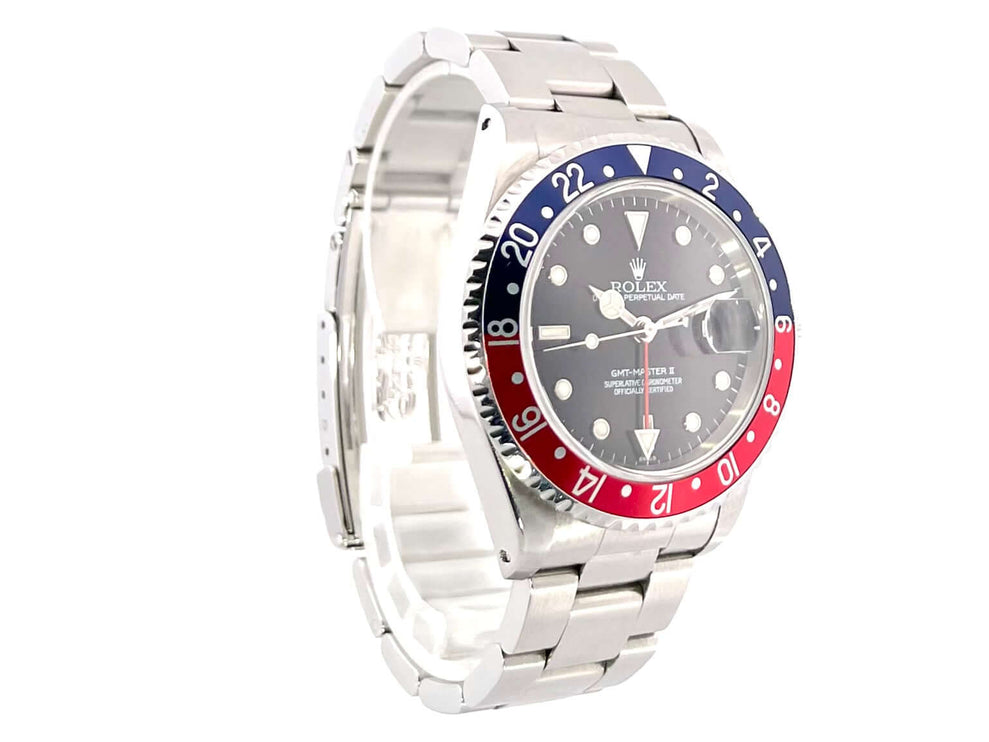 Rolex GMT Master II 16710 Pepsi U-Serie aus 1999 mit blau-roter Lünette, Edelstahlgehäuse, schwarzem Zifferblatt und Oyster-Armband