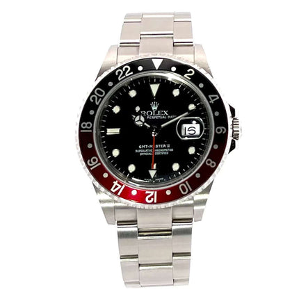 Rolex GMT-Master II 16710 aus 2005 Edelstahlgehäuse und -band, schwarze Lünette mit roter Einlage, schwarzes Zifferblatt, Automatikwerk