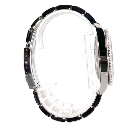 Rolex GMT-Master II 16710 Seitenansicht, Edelstahlgehäuse und -armband, poliert und satiniert, schwarzes/rotes Lünetteneinlage, 40 mm Durchmesser