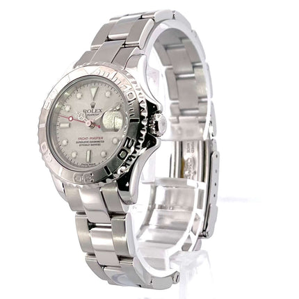 Rolex Yacht-Master 29 Edelstahl Platin 169622 Armbanduhr, polierter Edelstahl, Platin-Zifferblatt, rote Sekundenzeiger, Oyster-Armband, 2002 Modell.