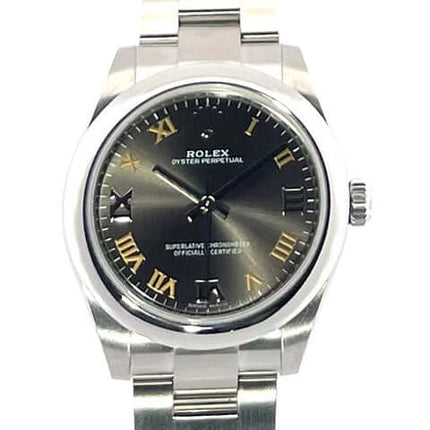 Rolex Oyster Perpetual 31 Ref. 177200 aus Edelstahl mit dunklem grauem Zifferblatt und römischen Ziffern, Oysterarmband, 31 mm Gehäuse.
