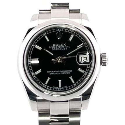 Rolex Datejust 31 Edelstahl 178240 Schwarz mit schwarzem Zifferblatt und Oyster Edelstahl Armband.