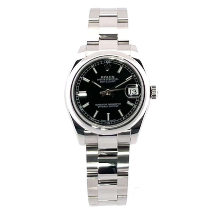 Rolex Datejust 31 Edelstahl 178240 Schwarz mit schwarzem Zifferblatt und poliertem Edelstahlarmband, Datum, Chronometer, Saphirglas.