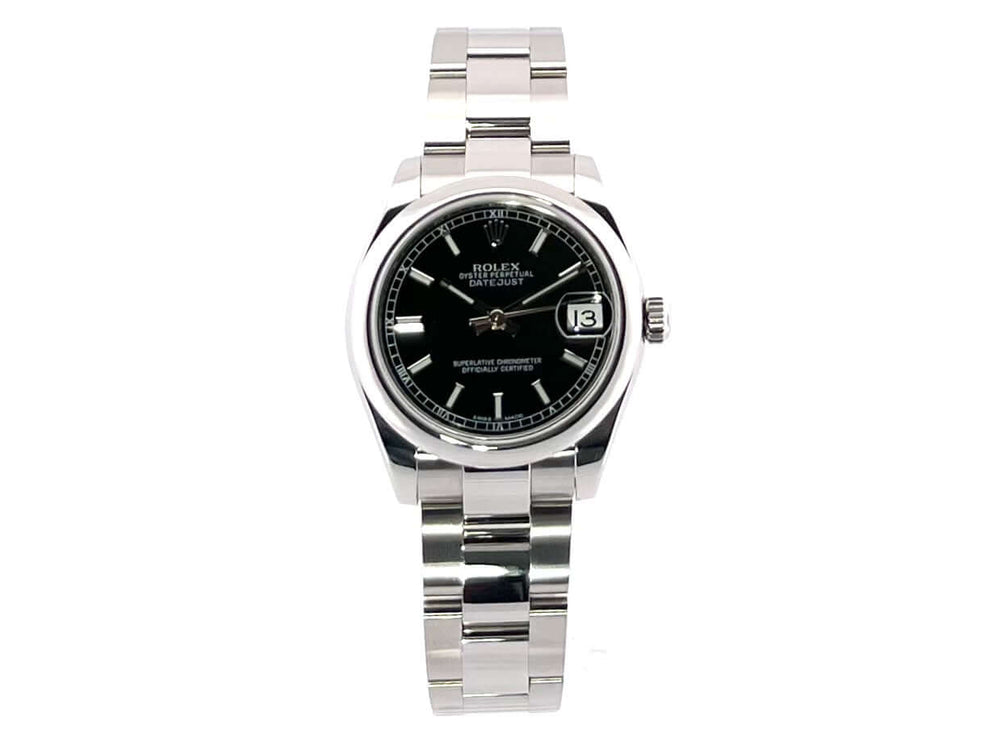 Rolex Datejust 31 Edelstahl 178240 Schwarz mit schwarzem Zifferblatt und poliertem Edelstahlarmband, Datum, Chronometer, Saphirglas.